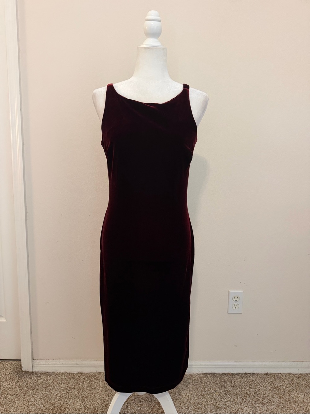 Vintage 1990’s Bebe Burgundy Red Velvet Midi Dress Size L Grunge Y2K Minimalist - Picture 2 of 12